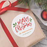 Simple Chic Merry Christmas Calligraphy Script Classic Round Sticker<br><div class="desc">Add a touch of elegance to your holiday celebrations with our "Simple Chic Merry Christmas Calligraphy Script Favour Sticker." This design features stylish calligraphy script that exudes sophistication and charm. These stickers are perfect for adding a chic and festive flair to your holiday favours,  gift packaging,  or Christmas cards.</div>