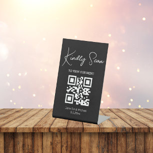 simple chic minimal qr code wedding menu black pedestal sign