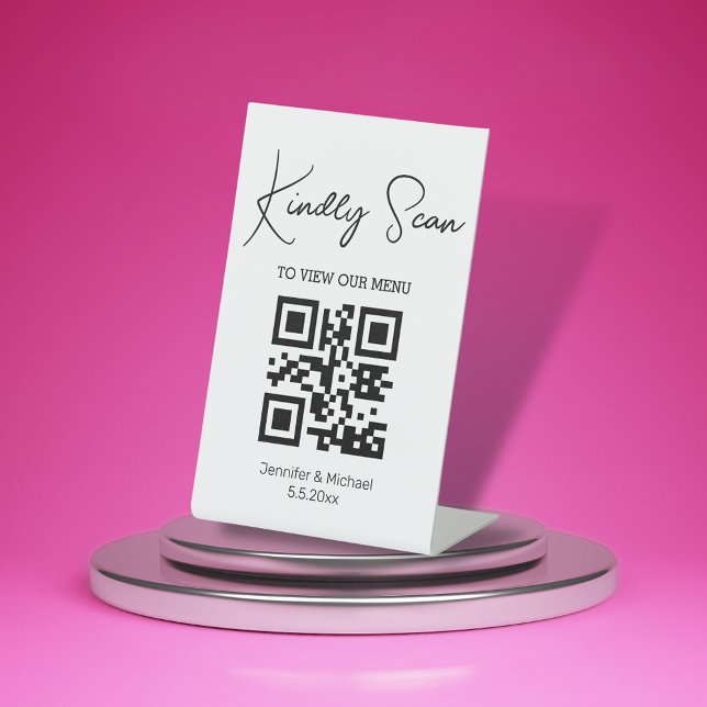simple chic minimal  qr code wedding menu pedestal sign (Creator Uploaded)