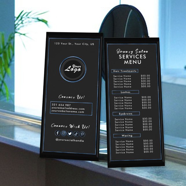 Simple Chic Modern Blue Black Salon Menu Add Logo  (Creator Uploaded)