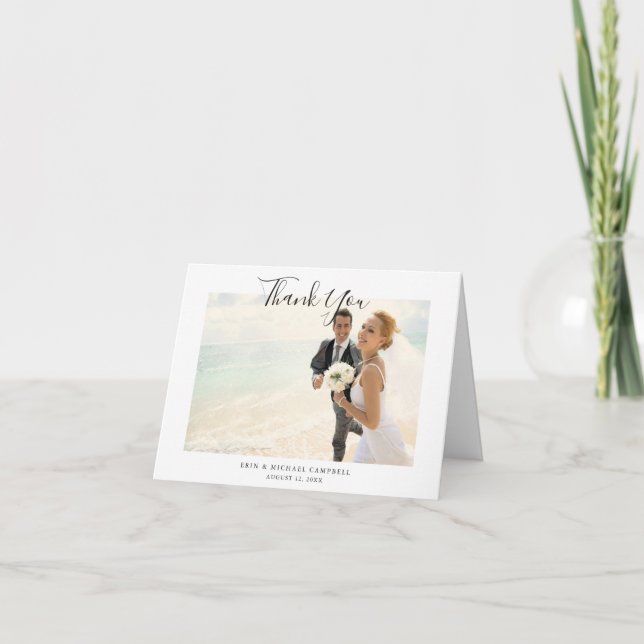 Simple Chic Modern Script Photo Wedding Thank You (Front)