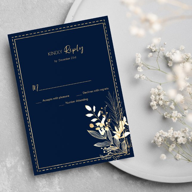 Simple chic navy blue gold floral RSVP  Invitation (Simple chic navy blue gold floral RSVP)
