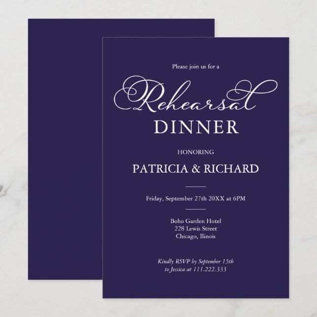 Simple Chic Navy Blue White Rehearsal Dinner Invitation (Front/Back)