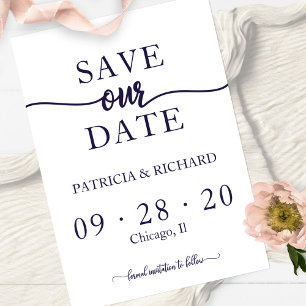 Simple Chic Navy Blue White Wedding Save The Date Invitation
