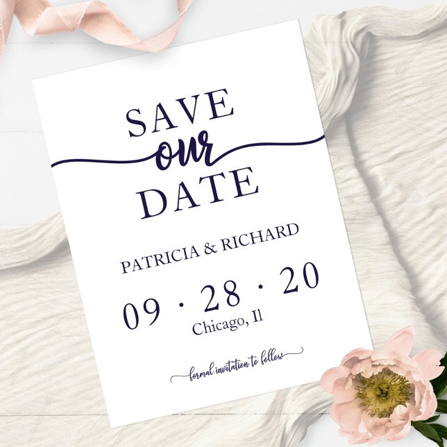Simple Chic Navy Blue White Wedding Save The Date Postcard (Creator Uploaded)