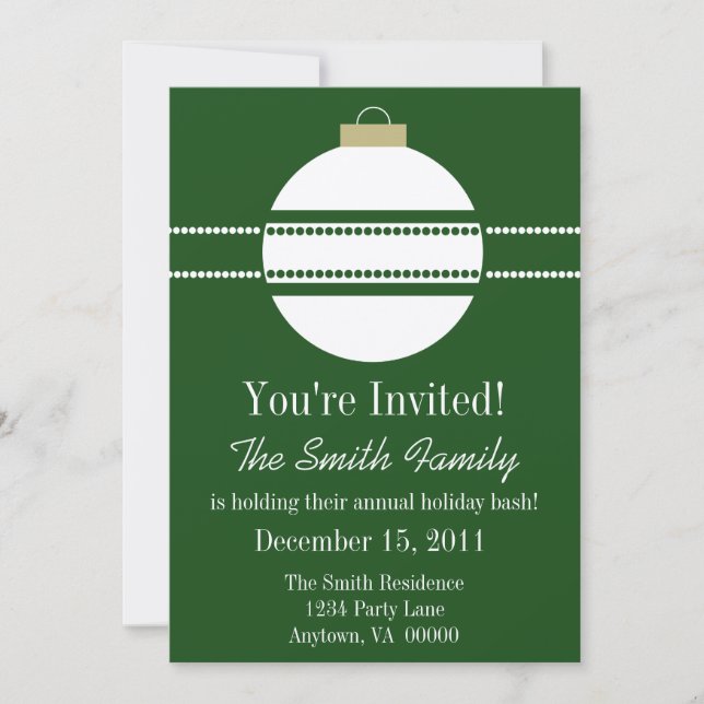 Simple Chic Ornament Holiday Invite, Dark Green Invitation (Front)