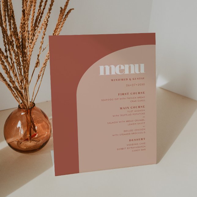 Simple chic peach terracotta arch wedding menu pedestal sign (Creator Uploaded)