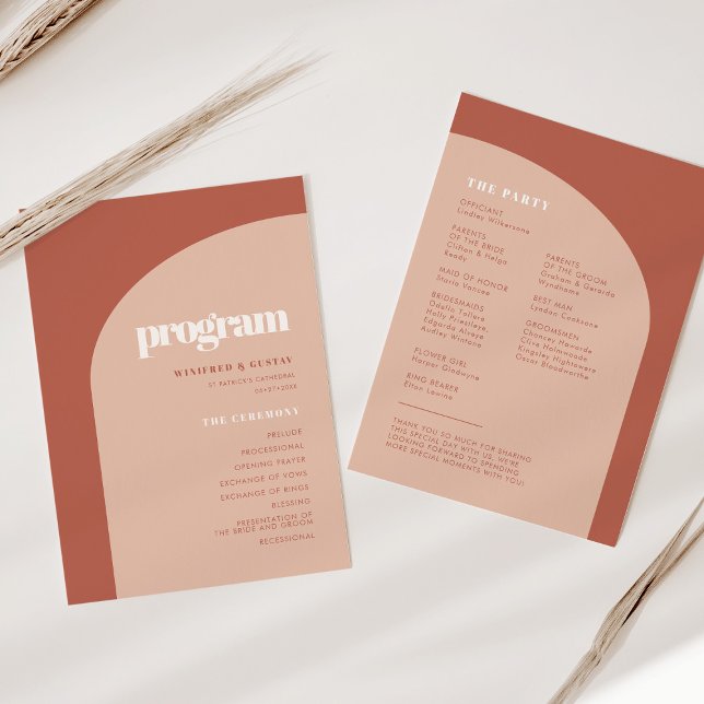 Simple chic peach terracotta arch wedding program (Creator Uploaded)