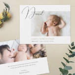 Simple Chic Photo Birth Announcement Card Template<br><div class="desc">On the front, this simple, stylish modern photo birth announcement template features your baby's name with details beneath your photo along with your baby's first name in a warm, expressive handwriting script near the top of the card that partially overlaps with the photo. If you prefer a more minimalist look,...</div>