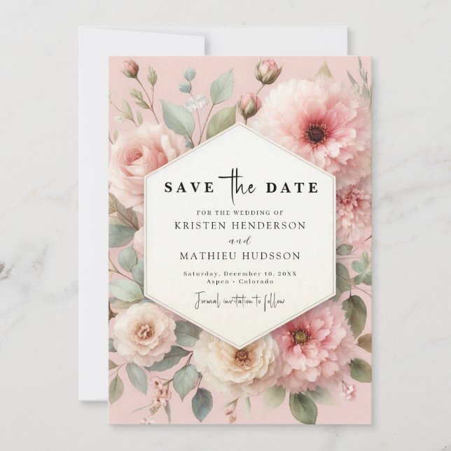 Simple Chic Pink Floral Wedding  Save The Date (Front)