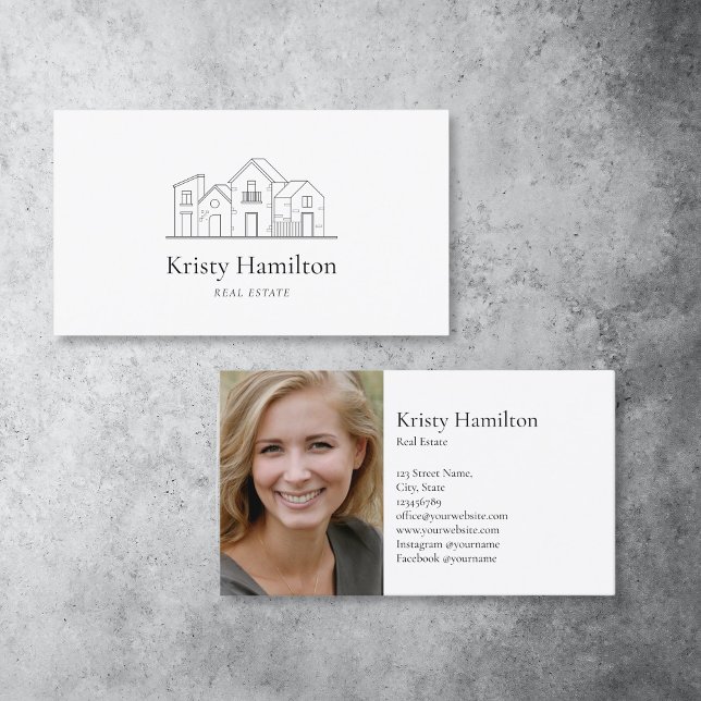 simple chic real estate professional house photo business card (simple minimalist black and white houses real estate logo)