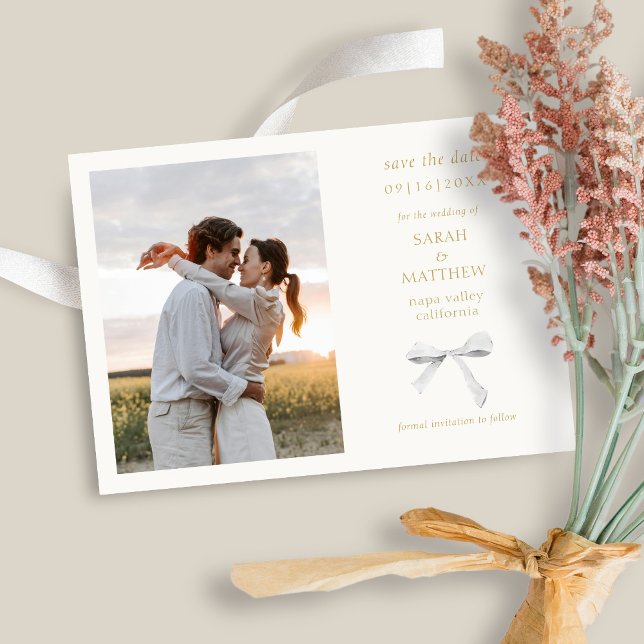 Simple Chic Ribbon Bow | Off White Save the Date Invitation (Creator Uploaded)