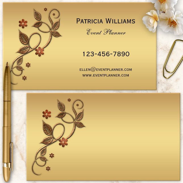 Simple Chic Rose Gold Metallic Leaves Floral Business Card (An elegant business card showing rose gold metallic swirls with stylized leaves and flowers on gold)