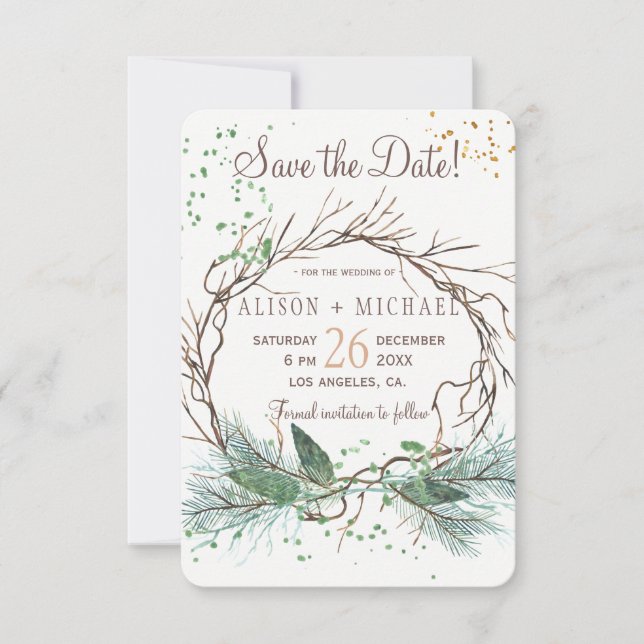 Simple chic rustic winter wreath save date wedding save the date (Front)