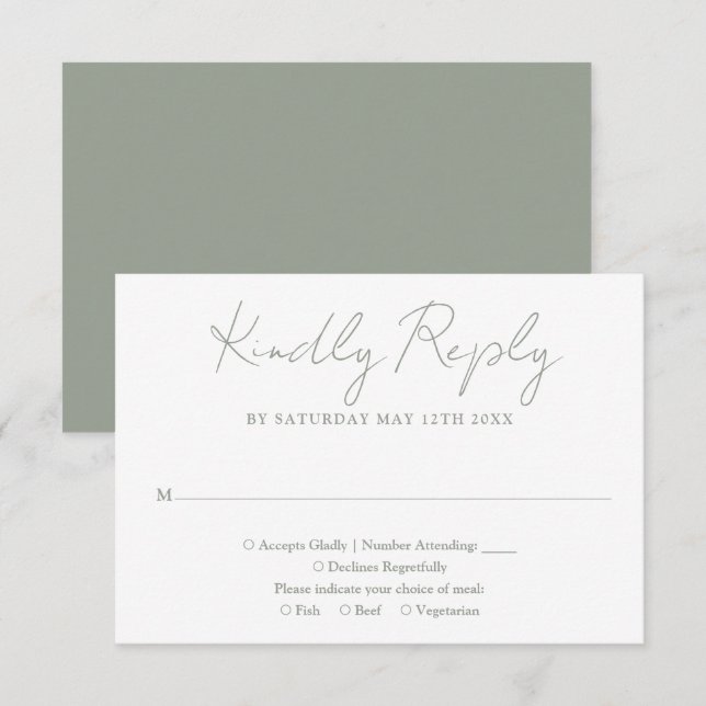 Simple Chic Sage Green Elegant Script Wedding RSVP Card (Front/Back)