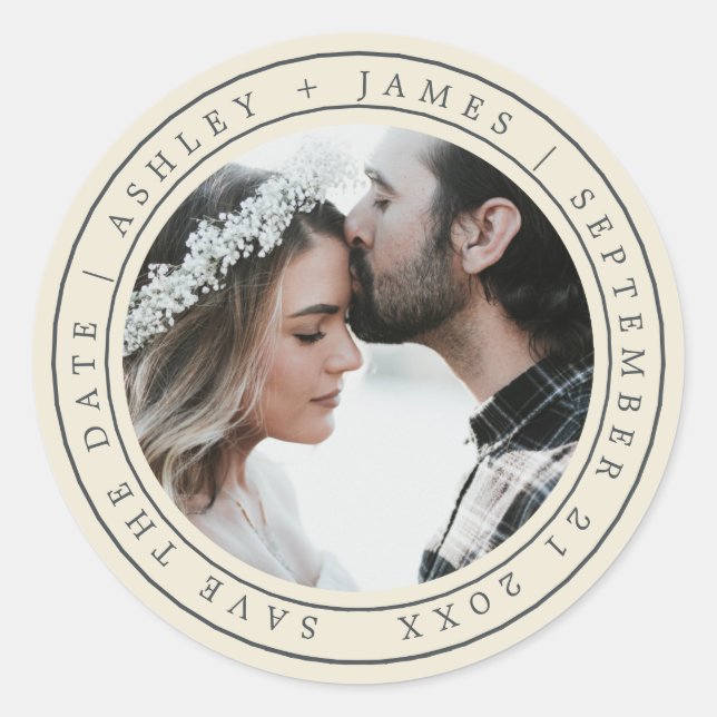 Simple Chic Save the Date Wedding Photo Antique Classic Round Sticker (Front)