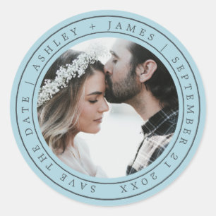 Simple Chic Save the Date Wedding Photo Blue Classic Round Sticker