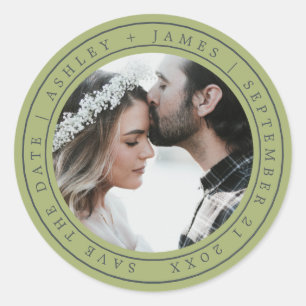 Simple Chic Save the Date Wedding Photo Green Clas Classic Round Sticker