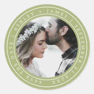Simple Chic Save the Date Wedding Photo Green Classic Round Sticker