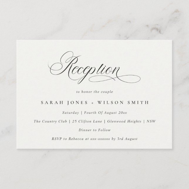 Simple Chic Script Black White Wedding Reception Enclosure Card (Front)