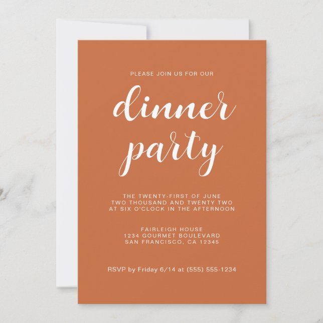 Simple Chic Script Burnt Orange Dinner Party Invitation (Front)