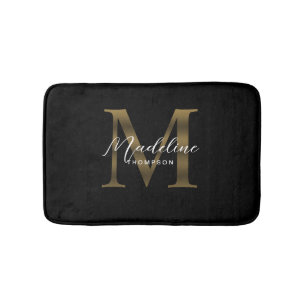 Simple Chic Script Metallic Black Gold Monogram Bath Mat