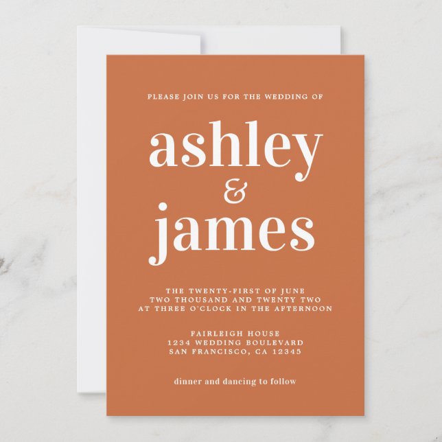 Simple Chic Typography Burnt Orange Wedding Invitation (Front)