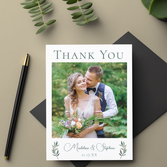Simple Chic Wedding Photo Botanical Leaf Thank You Postcard (Creator Uploaded)