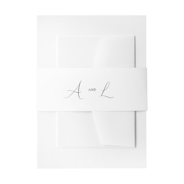 Simple Chic White & Black Monogram Script Wedding Invitation Belly Band (Front Example)