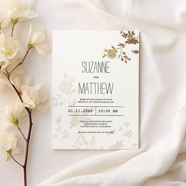 Simple chic white gold glitter floral Wedding  Invitation (Simple chic white gold glitter floral Wedding )
