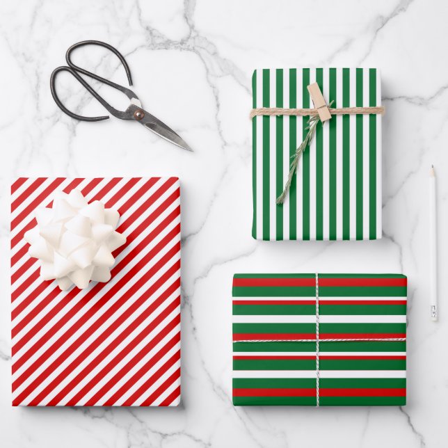 Simple Chic White Stripes Pattern On Red And Green Wrapping Paper Sheet (Front)