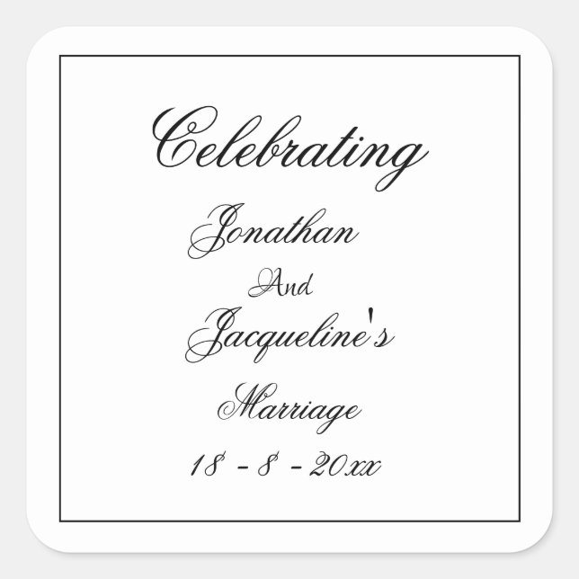 Simple Chic White Wedding With Black Script Square Sticker (Front)