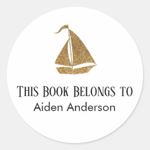 Simple Child Baby Gold Glitter Sailboat Bookplate Classic Round Sticker