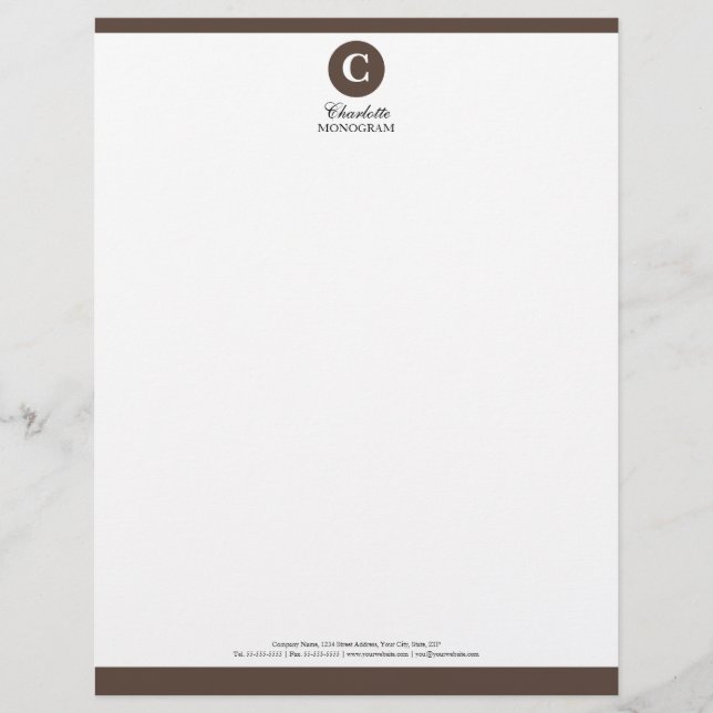 Simple Chocolate Brown & White Monogram Letterhead (Front)