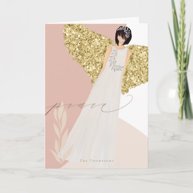 Simple Christmas Angel Gold Wings Peace Typography Holiday Card (Front)