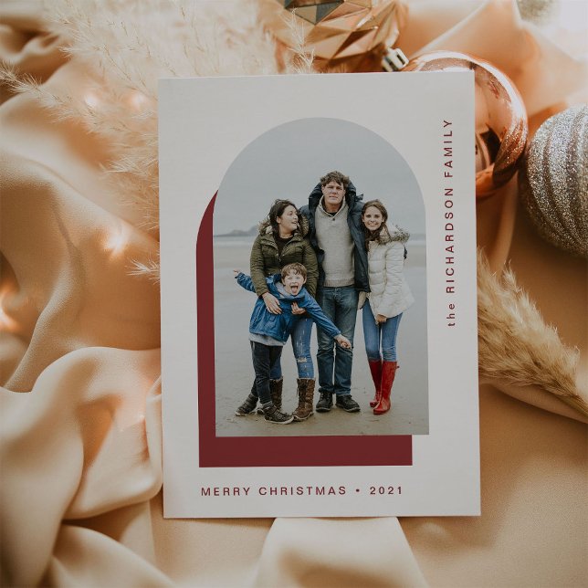 Simple Christmas Arch | Modern Two Photo Holiday Card (A festive and trendy Christmas card with a dark red photo arch)