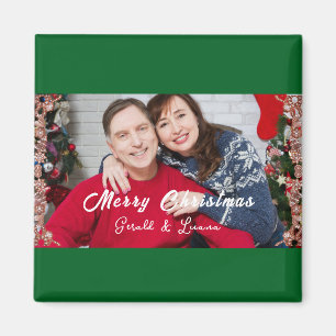 Simple Christmas Couple Photo Green Magnet