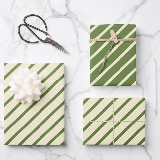 Simple Christmas Diagonal Stripe Retro Green Cream Wrapping Paper Sheet (Front)