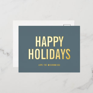 Simple Christmas Dusty Blue Happy Holidays Gold Foil Holiday Postcard