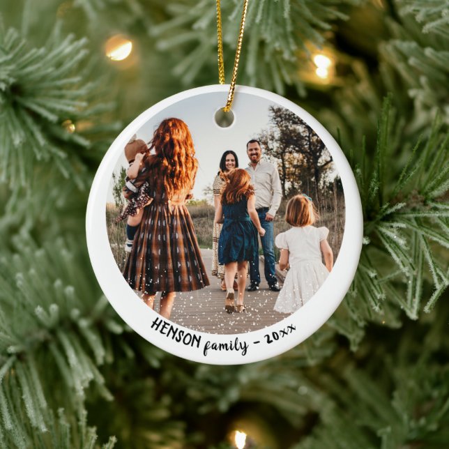 Simple Christmas Family Round Photo Ceramic Ornament (Tree)