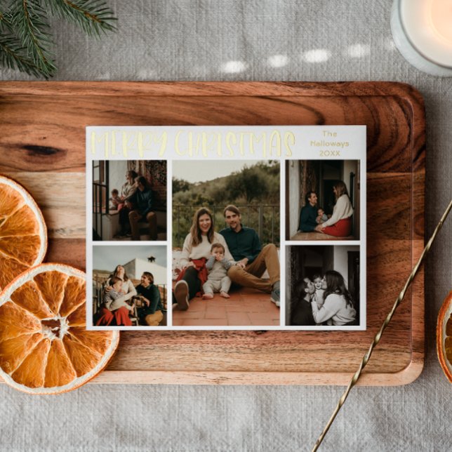 Simple Christmas Five-Photo Gold Foil Holiday Card (Creator Uploaded)