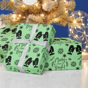 Simple Christmas Green Merry & Bright Mittens Wrapping Paper