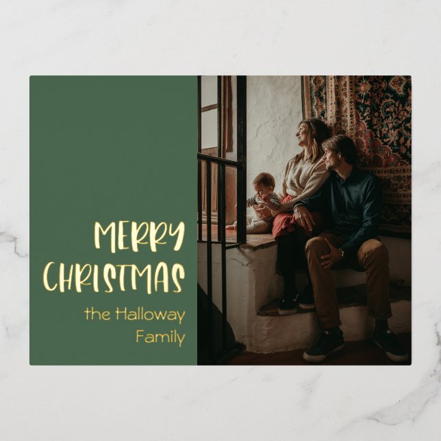 Simple Christmas | Green Single Photo Gold Foil Holiday Postcard (Front)