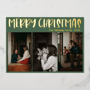 Simple Christmas Green Three Photo Gold Foil Holiday Card