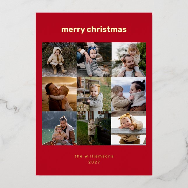 Simple Christmas Photo Collage Modern Red Gold Foil Holiday Card (Front)