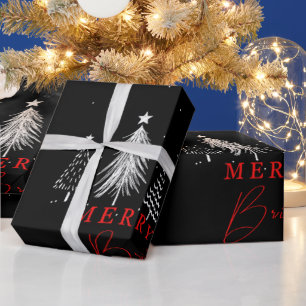 Simple Christmas Pine Tree Merry & Bright   Black Wrapping Paper