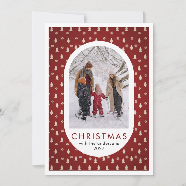 Simple Christmas Pine Tree Pattern family photo Holiday Card (Front)