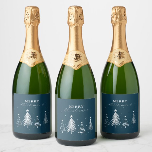 Simple Christmas Pine Tree Pattern | Navy Blue Sparkling Wine Label (Bottles)