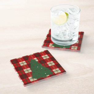 Simple Christmas Plaid Red And Green Pine Tree Glass Coaster