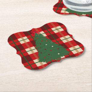 Simple Christmas Plaid Red And Green Pine Tree   Paper Coaster